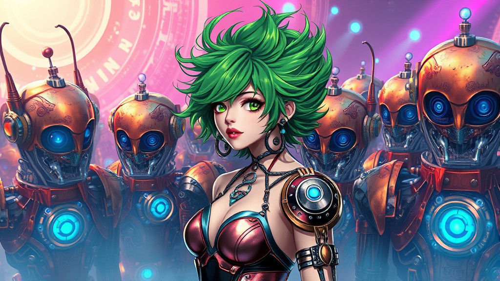 Steampunk Beauty with Green Hair and Copper Robots