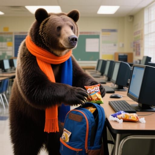 Brown Bear Learns Computer Lab Rules: Hyper-Realistic Photo