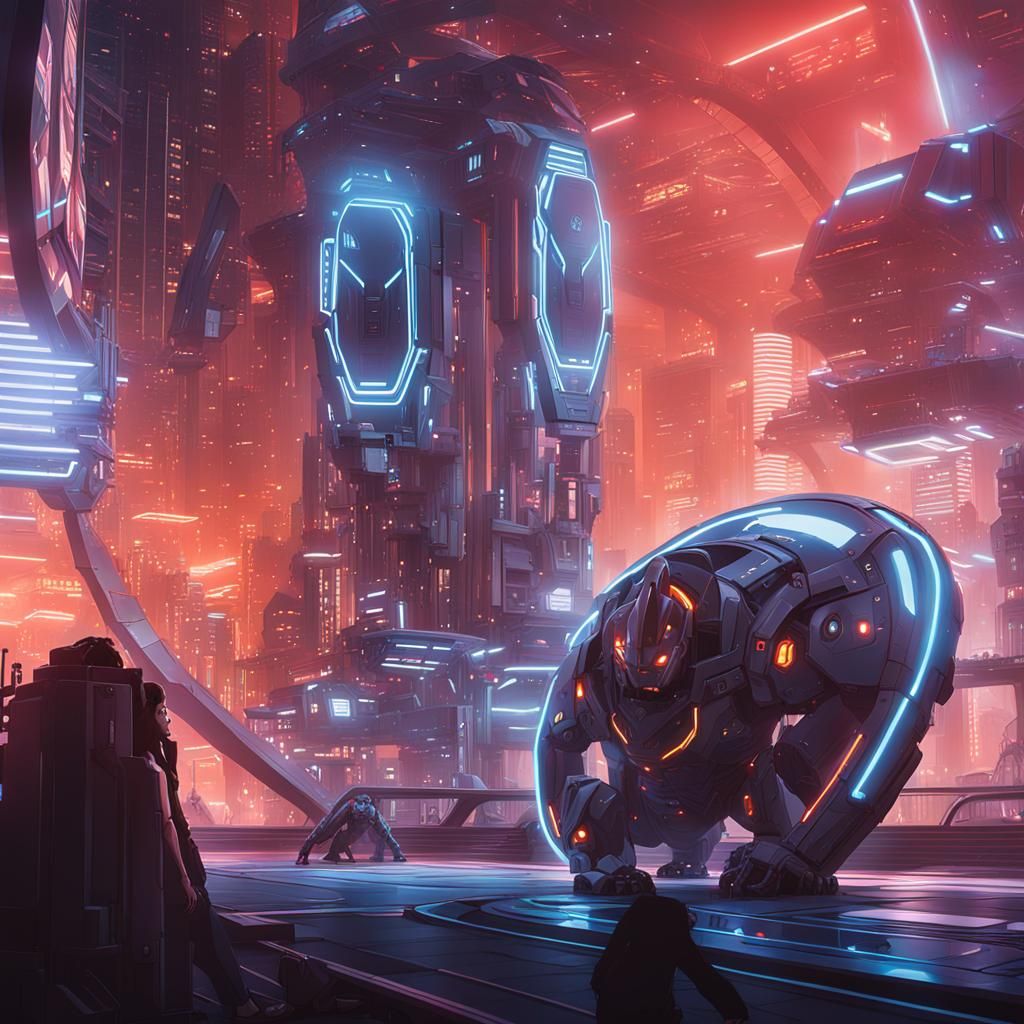 Futuristic Mech Suit in Neon Cityscape