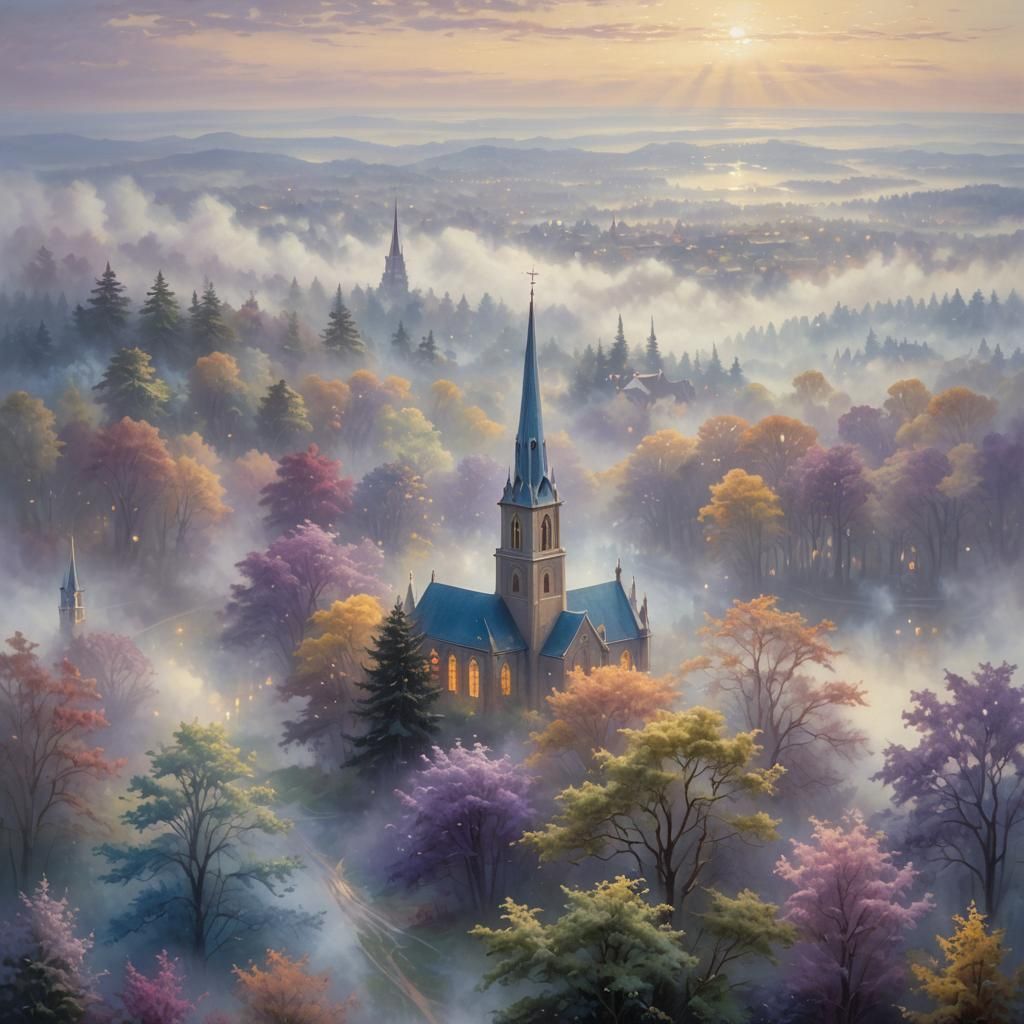 Ethereal Misty Morning Church Spire: Oil Painting