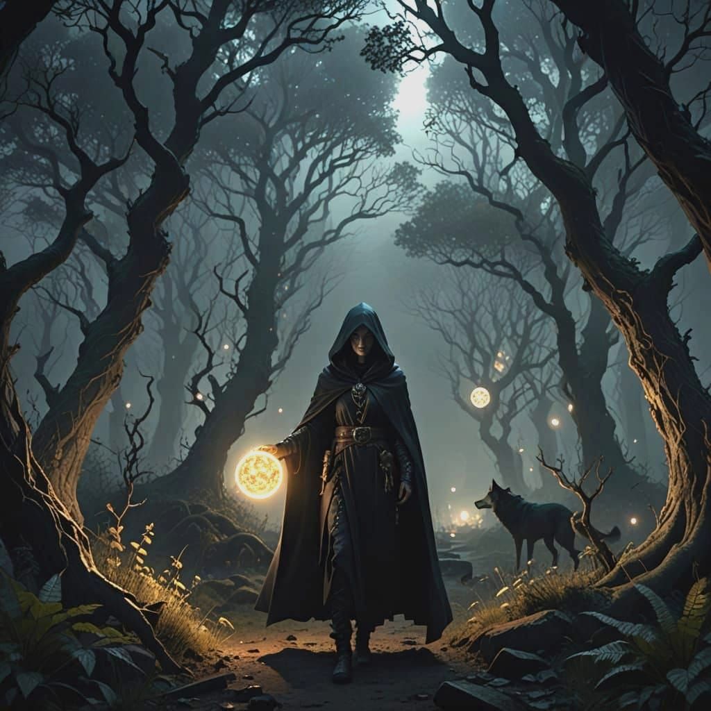 Mysterious Witch and Wolf in Ancient Forest