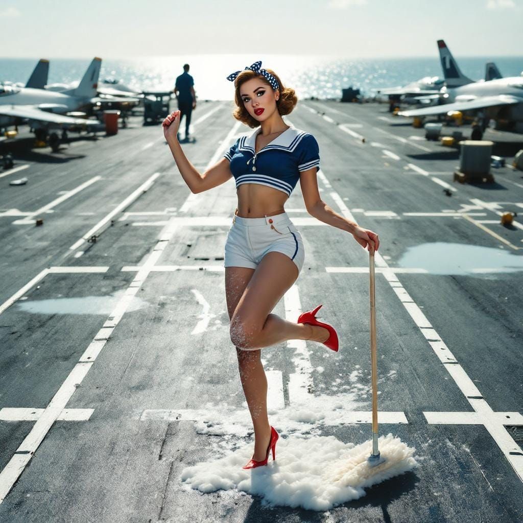 Pin-Up Girl Dances on Aircraft Carrier Deck