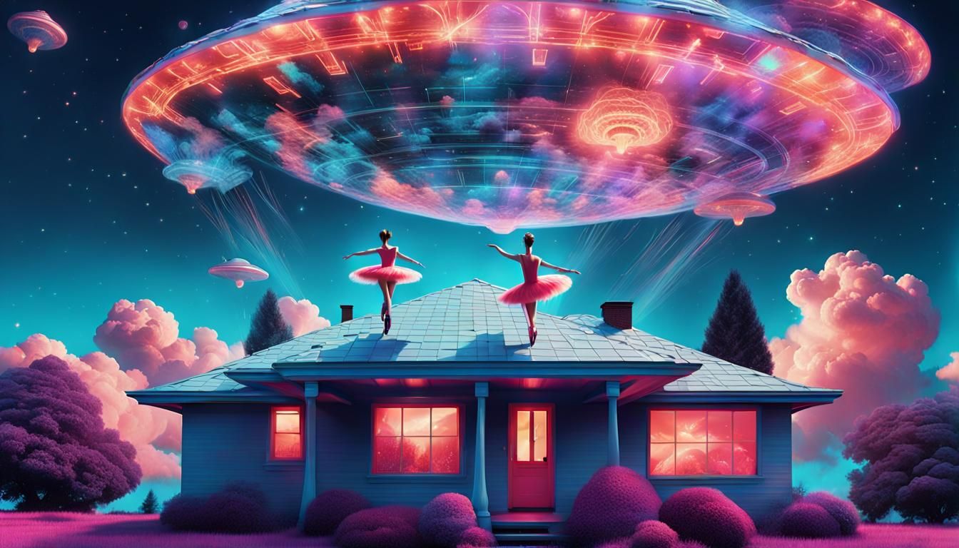 Surreal Ballerinas Dancing Under a Flying Saucer