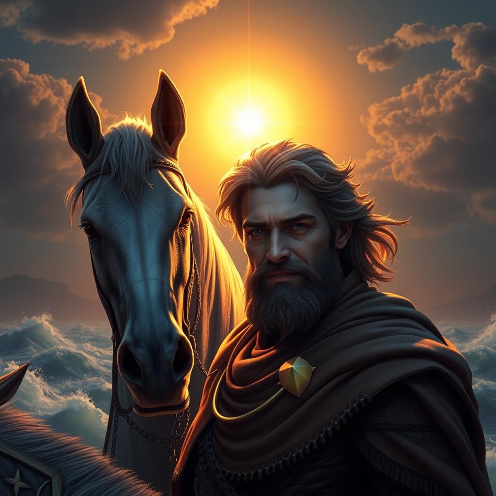 Greek Sun Warrior on Horseback in Golden Light