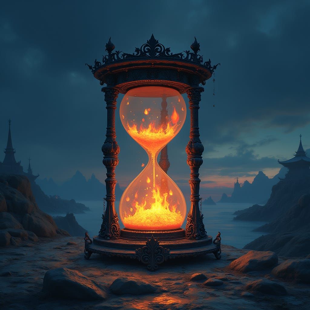 Ethereal Flames Engulf a Mystical Hourglass in Twilight