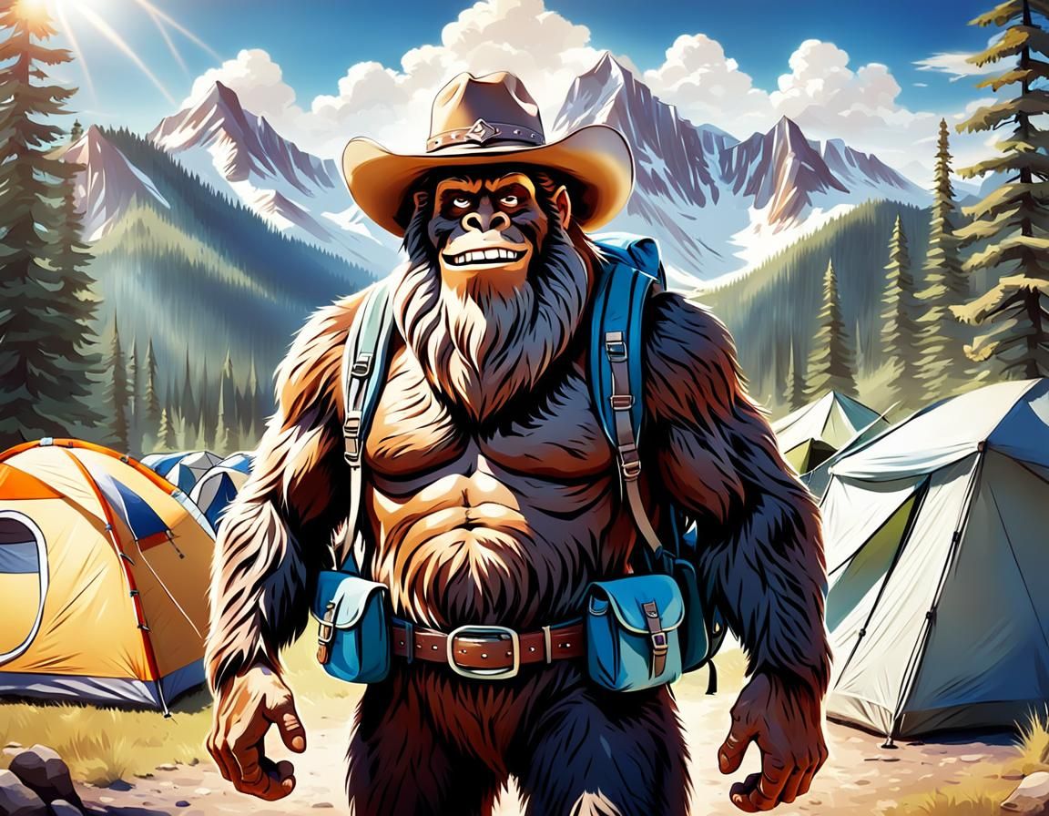 Smiling Bigfoot Comic in Campground Scene