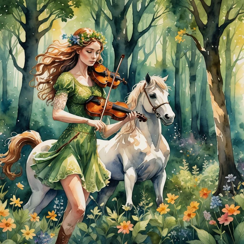 Centaur Violinist in Majestic Forest Watercolor