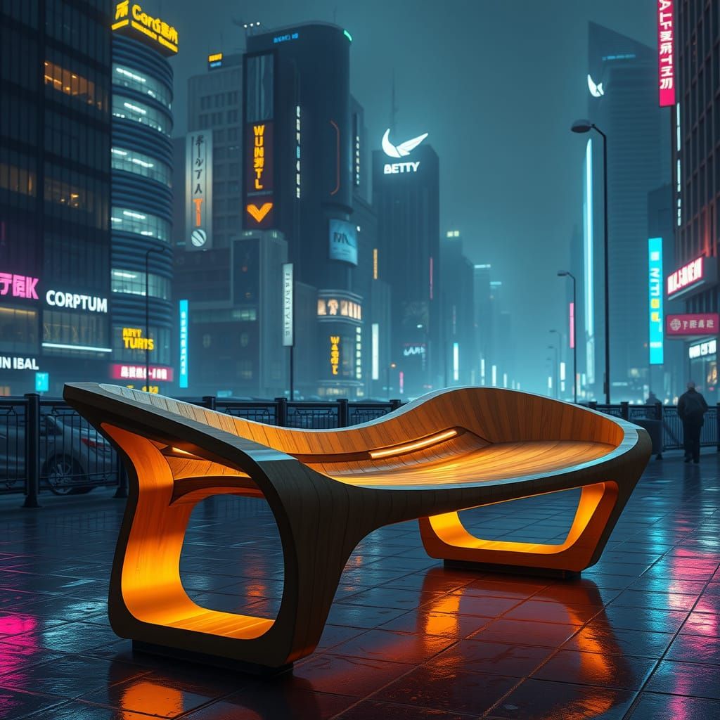 Futuristic Wooden Bench in Cyberpunk Cityscape