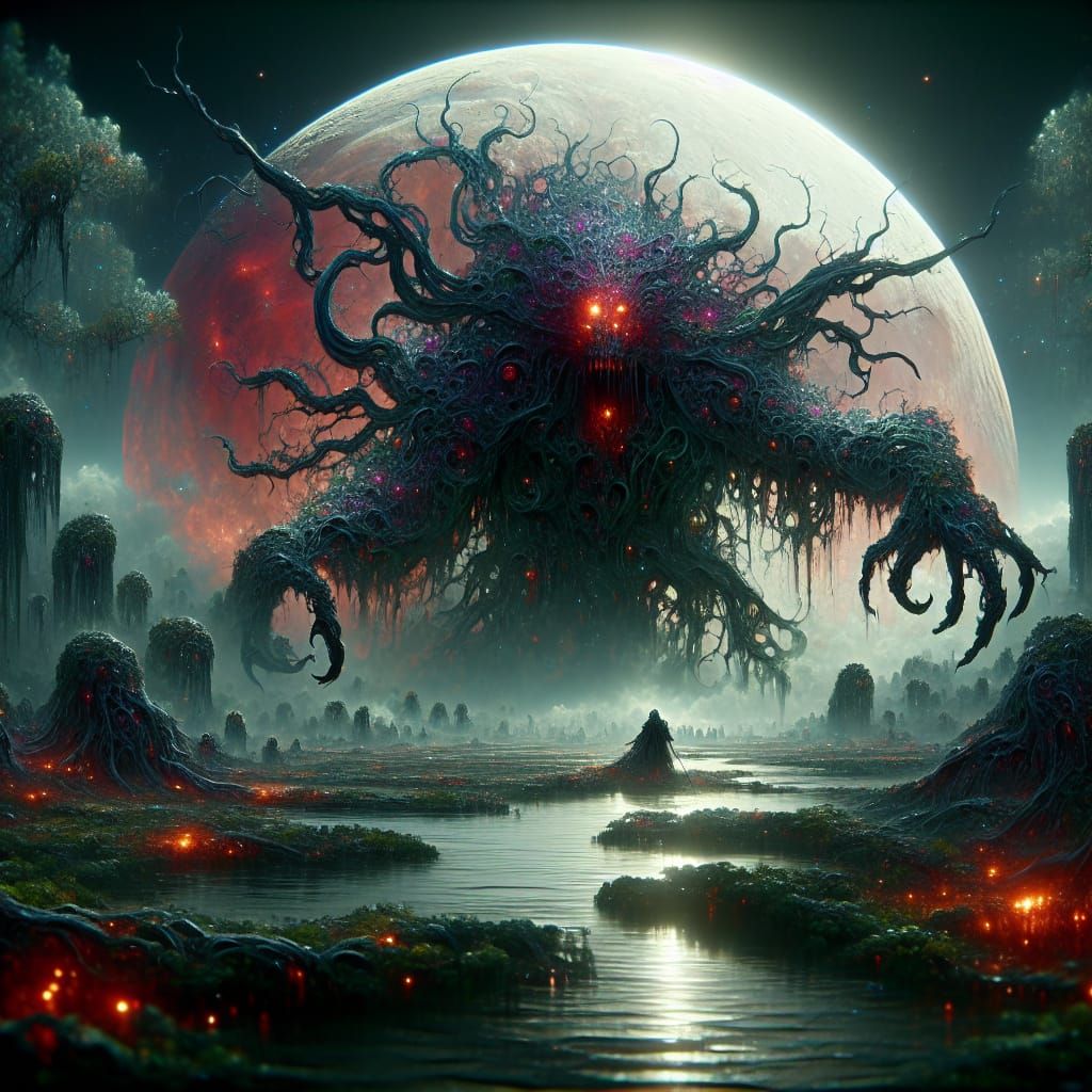 Colossal Demon Emerges Under Blood Moon: Dark Fantasy Art