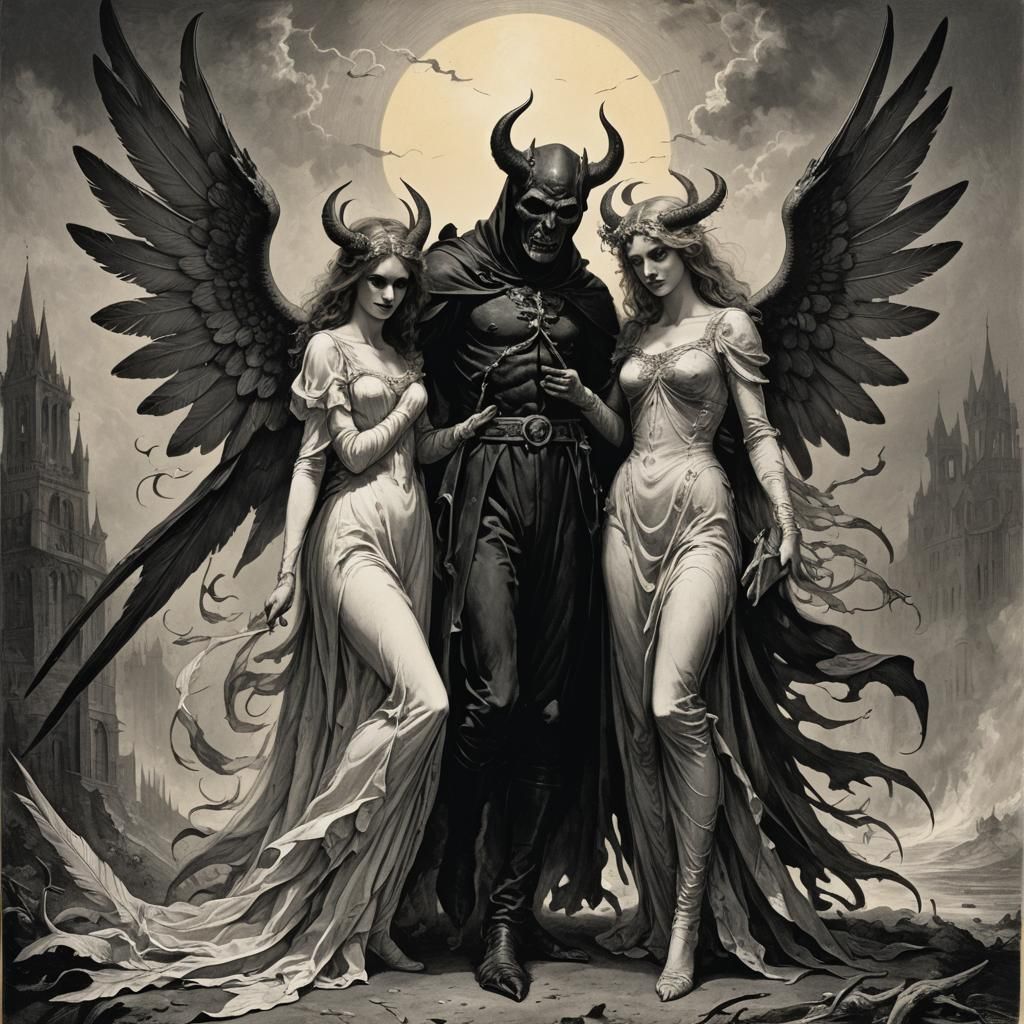 Feathered Devil and Angel Couple in Horror Style
