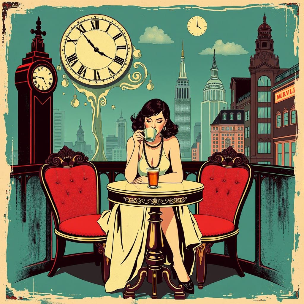 Surreal Espresso Scene in Distressed Art Deco Style