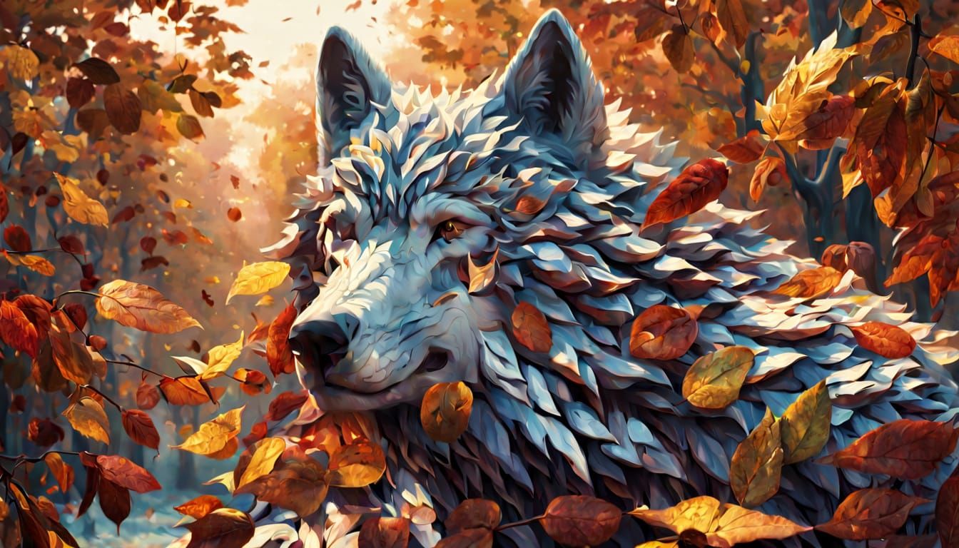 Surreal Wolf Face Dissolving into Autumn Leaves