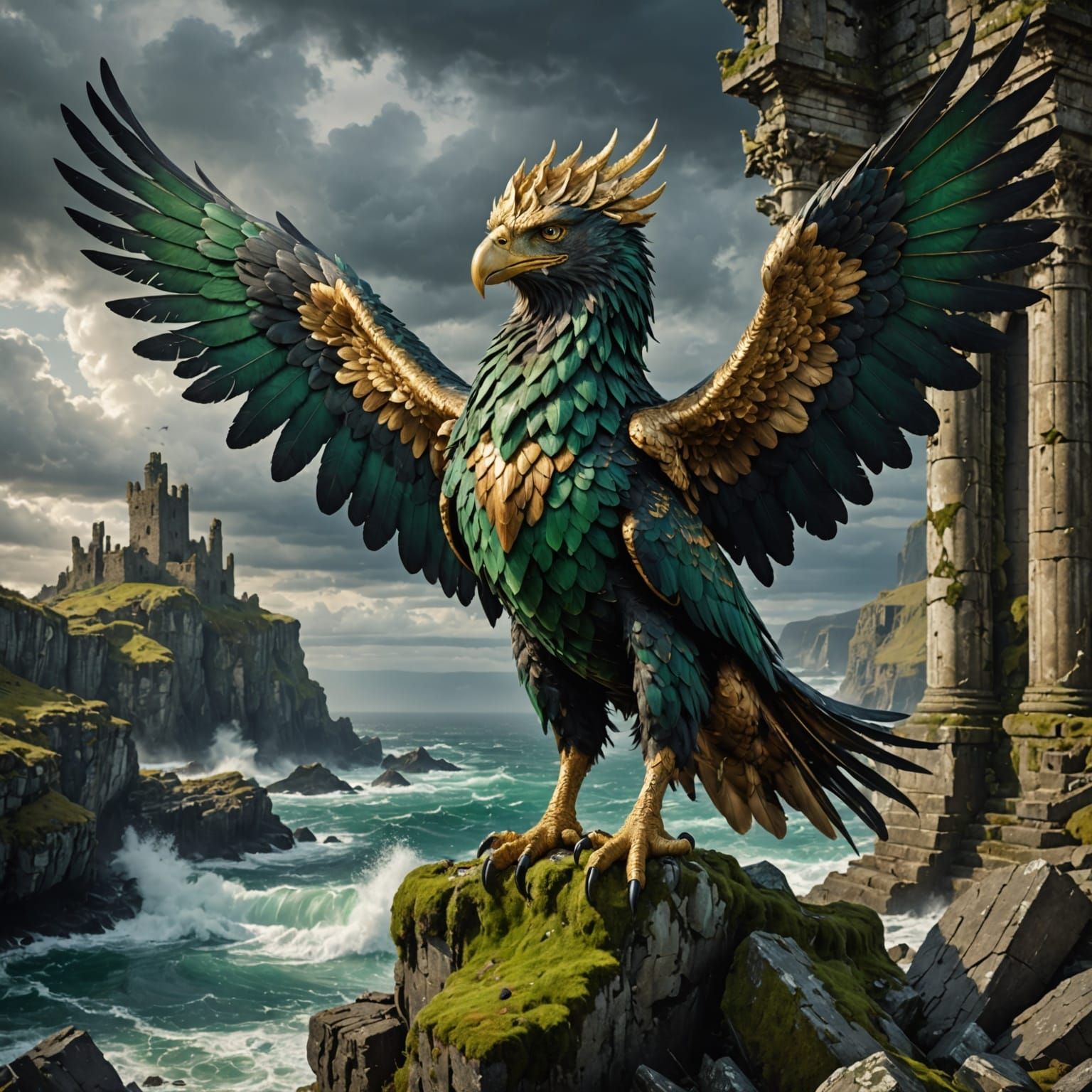 Golden Griffin Perched on Ruin with Stormy Sky