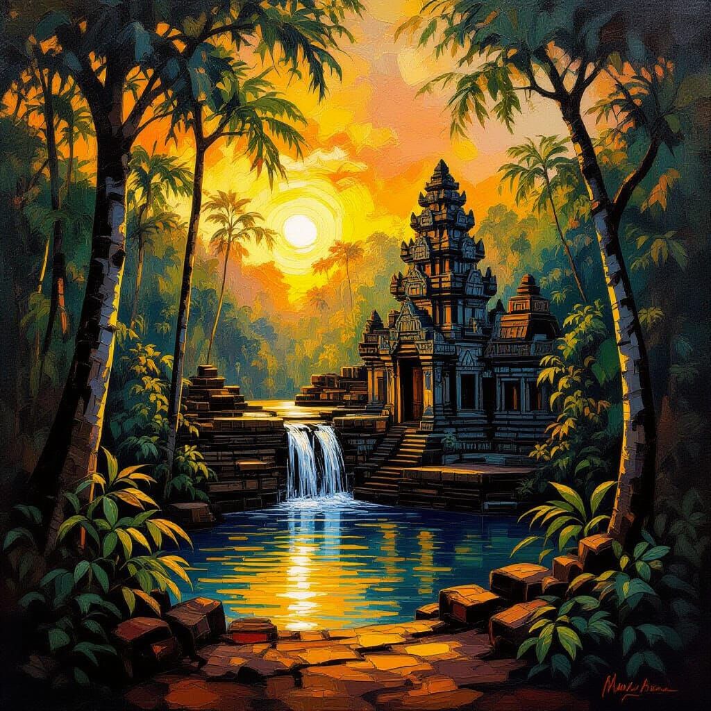Atlantis Forest Temple at Sundown, Impasto Oil Painting