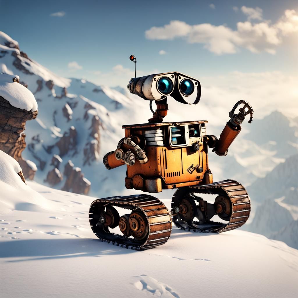 Steampunk Robot Snowboarding Down a Mountain