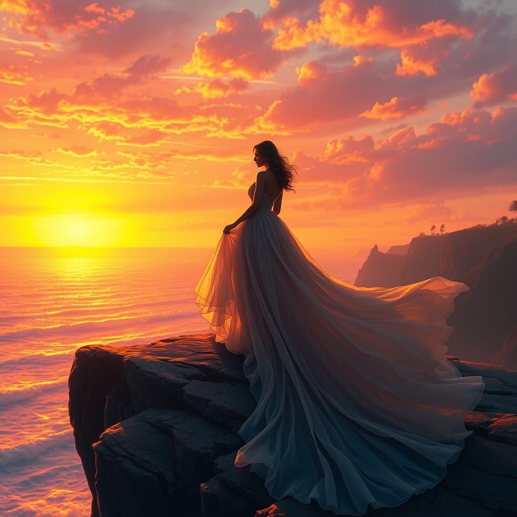 A captivating digital illustration of a woman standing majestically on the edge of a cliff, silhouetted against an inten...