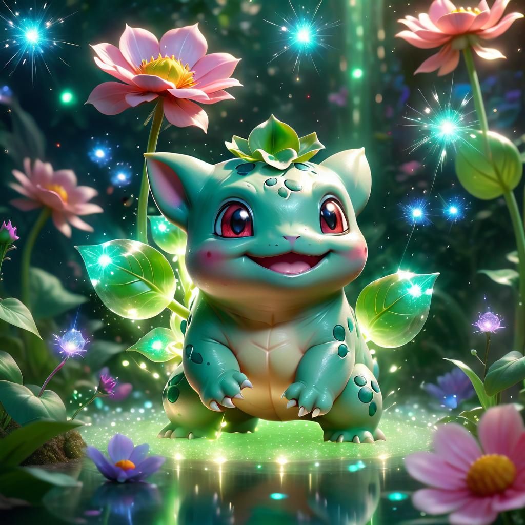 Adorable Bulbasaur Smelling a Magical Flower in Pixar Style
