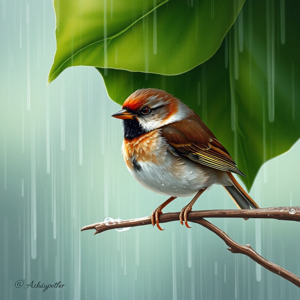 Whimsical Watercolor Sparrow in Rainy Landscape
