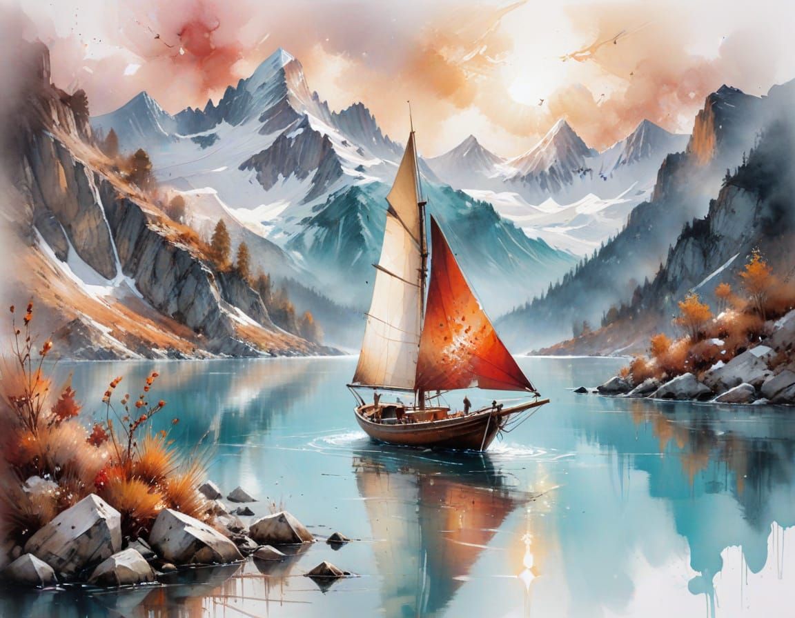 Alpine Lake at Dawn in Watercolor Style