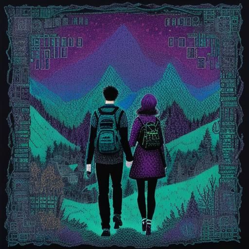 Pointillist Doodle of Couple Hiking in Teal and Purple