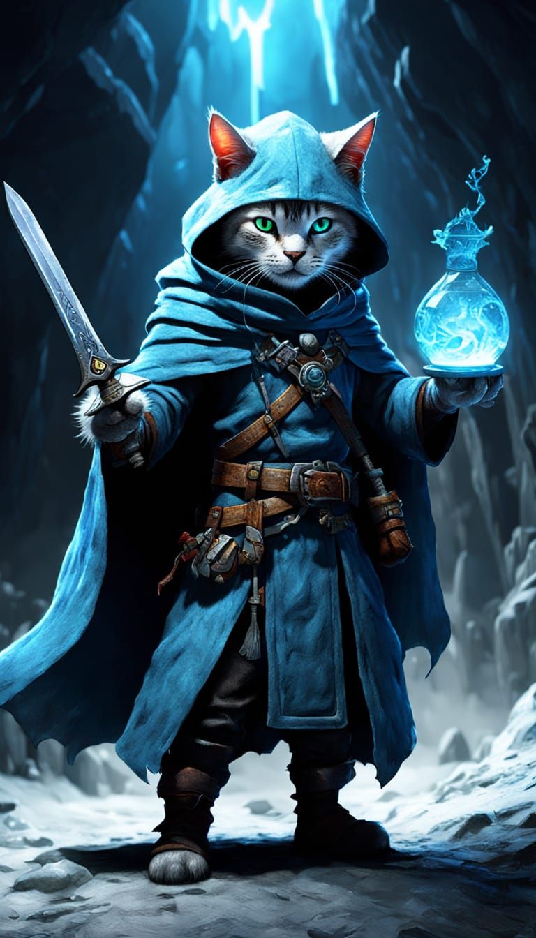 Whimsical RPG Cat Hero Defends with Icy Blue Sword in Dark C...