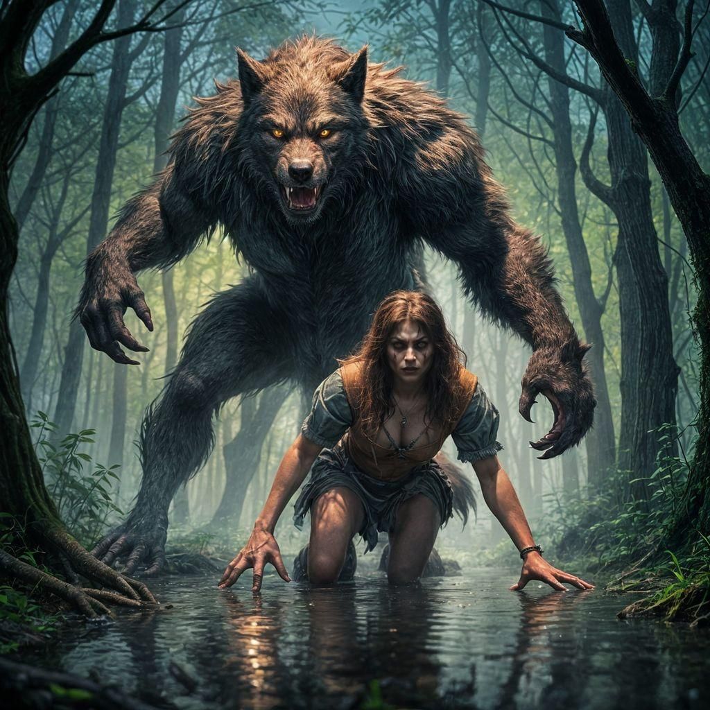 Werewolf Stalking Woman in Dark Forest