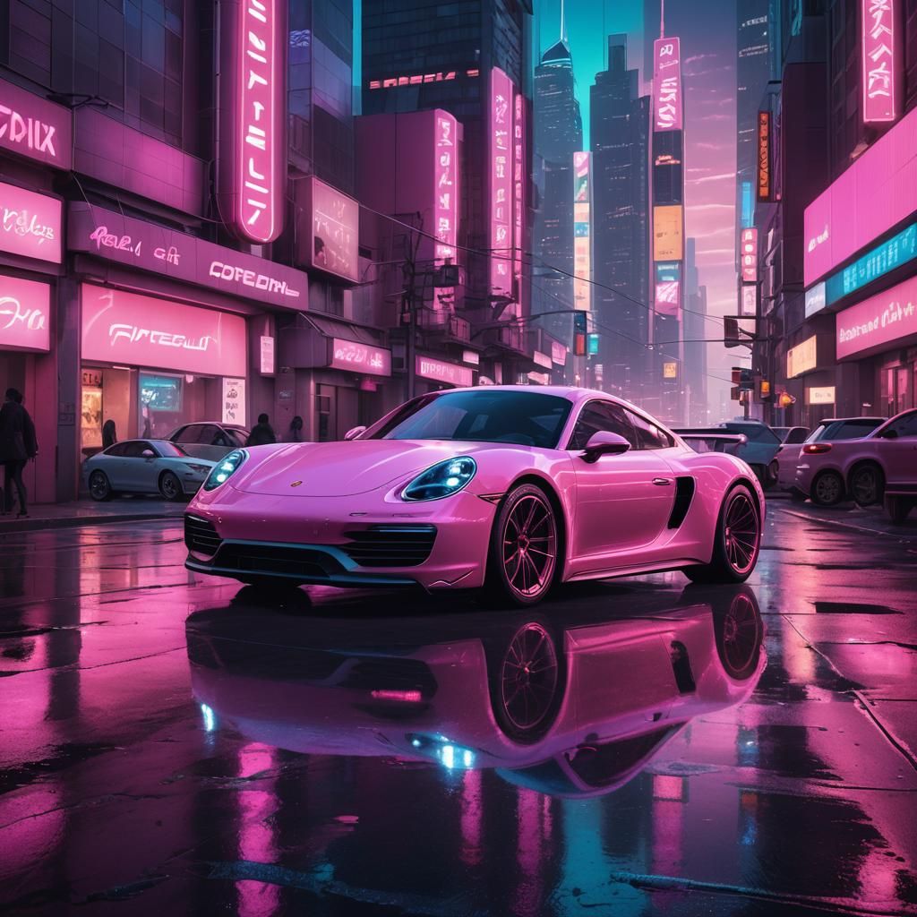 Pink Porsche in Neon Cityscape: Art Deco Noir