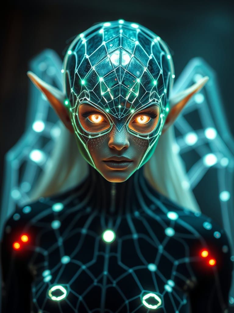 Enchanted Biometric Weaver, Female Elf in Glowing Spider Web...