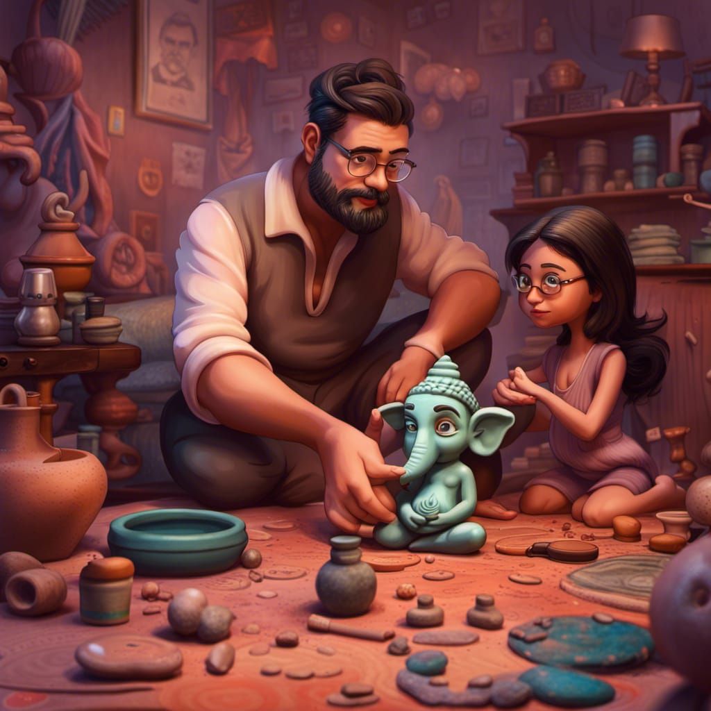 Man and Girl Making Ganesha Idol in Disney Style