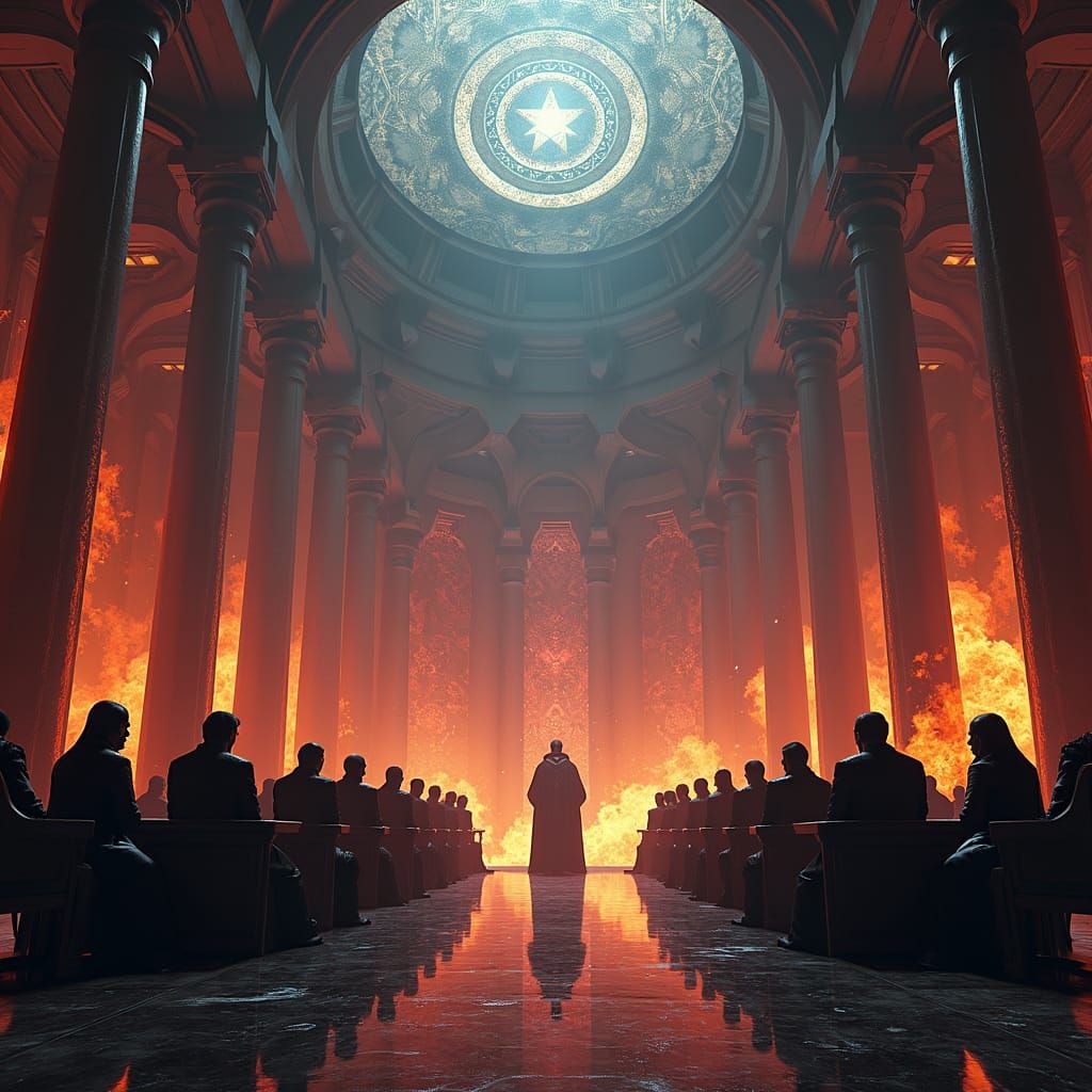 Illuminati Meeting in a Fantastical Hall