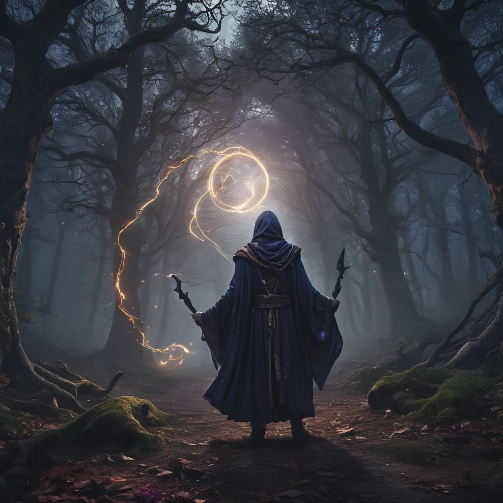 Sorcerer Summons Dark Energy in Mystic Forest