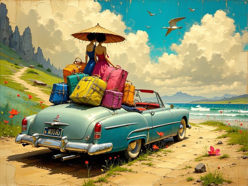 Convertible Trip to Seaside in Surrealist Style