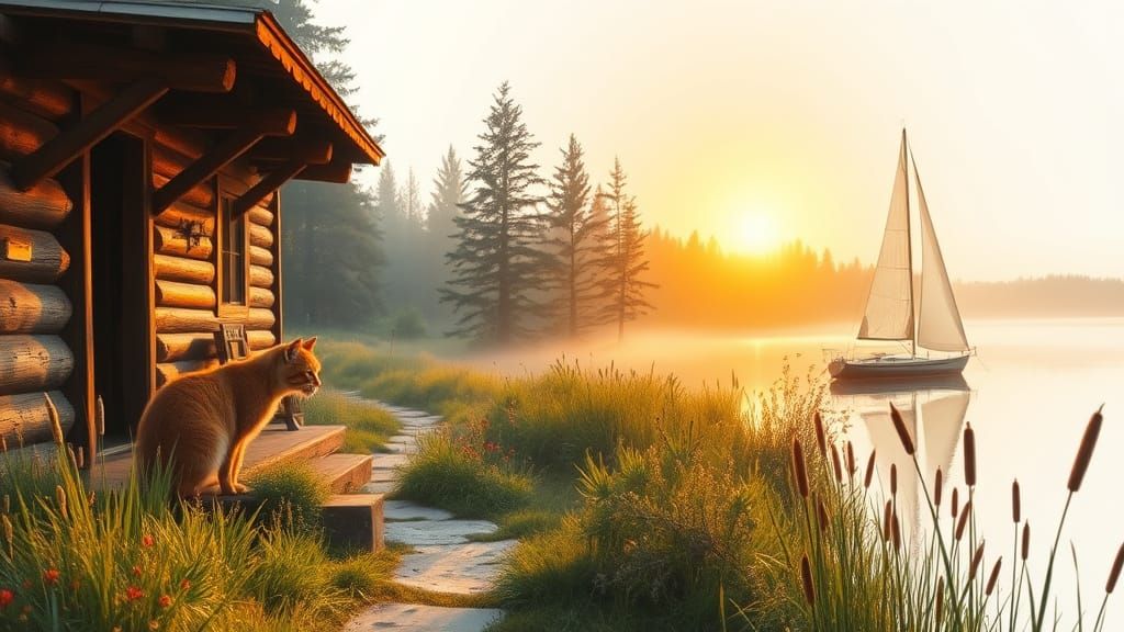 Idyllic Village Morning with a Gentle Red Cat