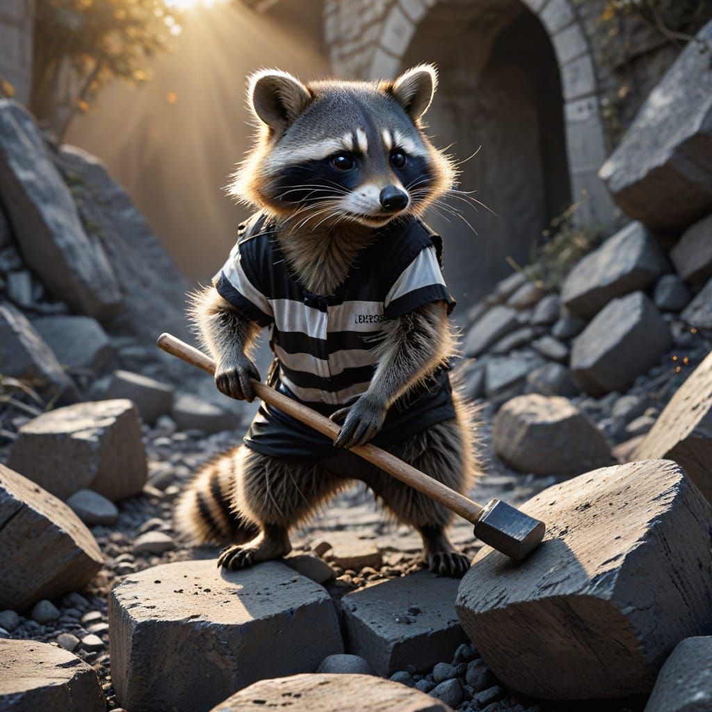Hyper Realistic Raccoon Breaks Rocks in Prison Outfit