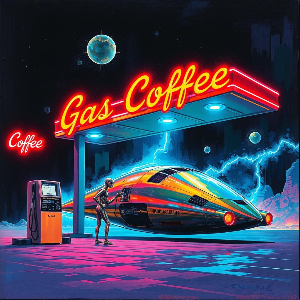 Extraterrestrial Gas Station in Space, Neon Illustration