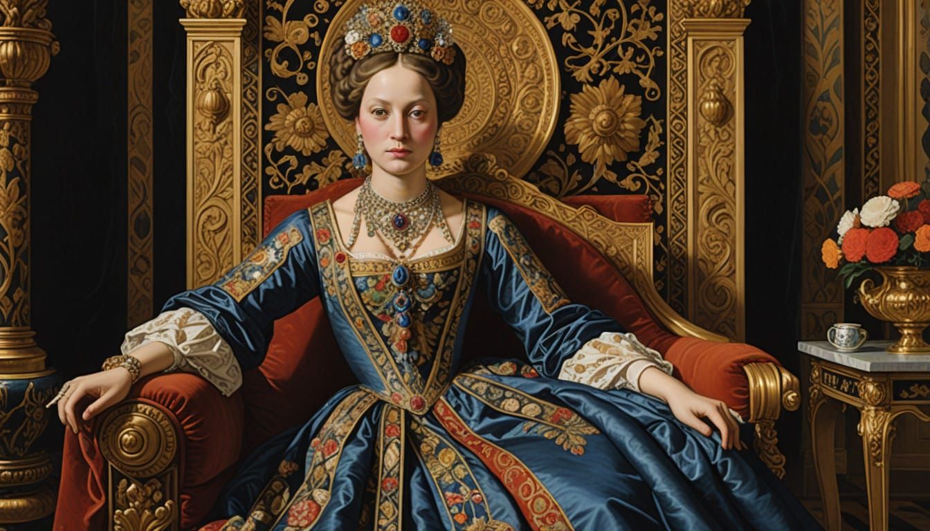 Regal Queen in Golden, Ornate Splendor