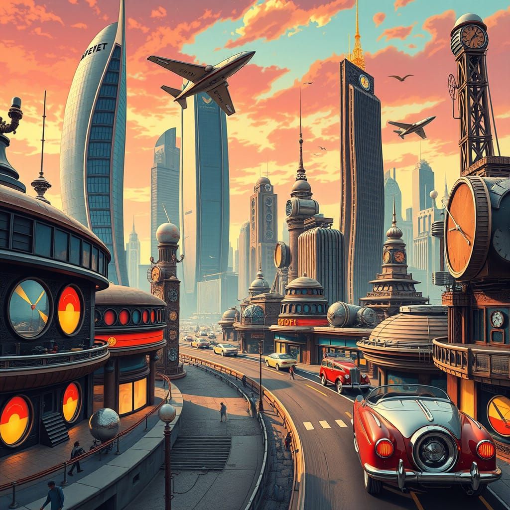Retro-Futuristic Cityscape with Steampunk Flair