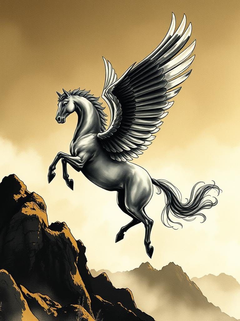 Pegasus Mount Olympus, ink and brush, sharp focus, Chris Lei...