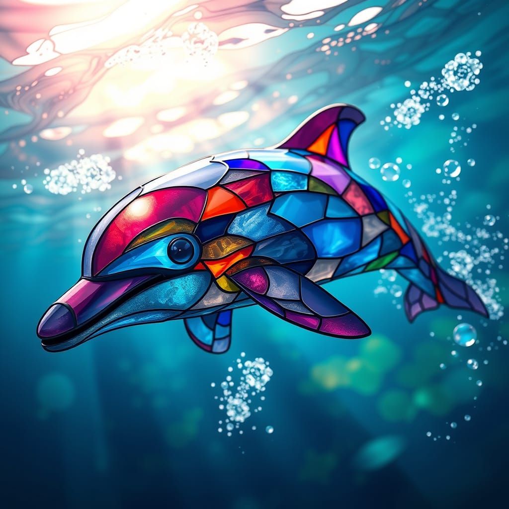 Stained Glass Dolphin Swimming in the Ocean