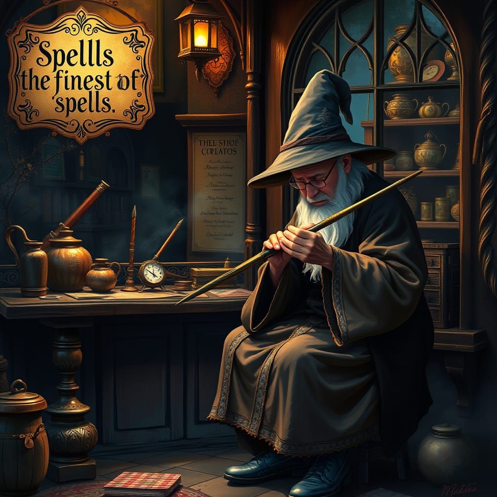 Elderly Wizard Crafts Magical Wand Outside Shop
