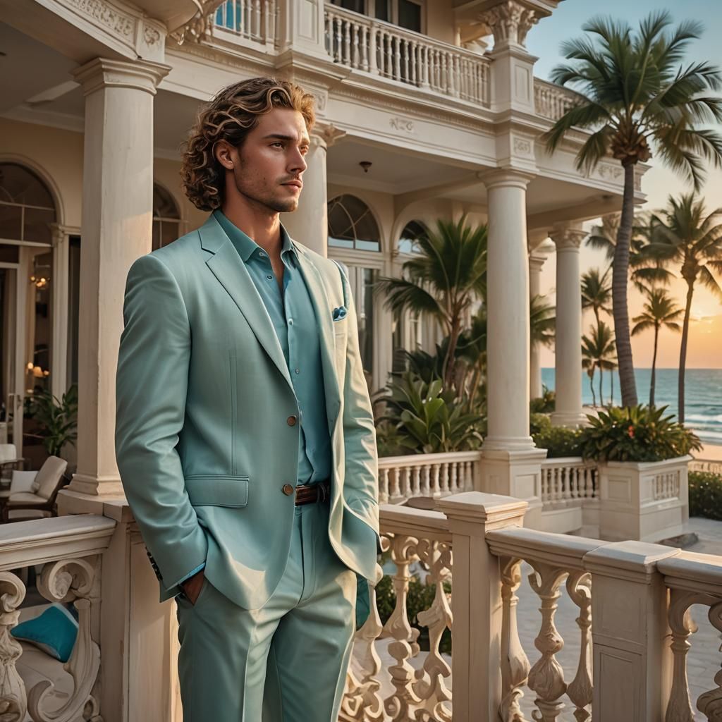Handsome Man on Beachfront Mansion Balcony at Sunset