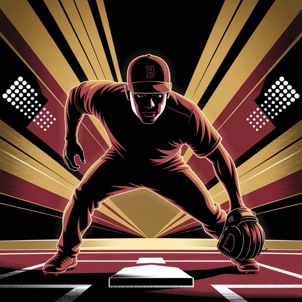Art Deco Baseball Player in Gold and Red