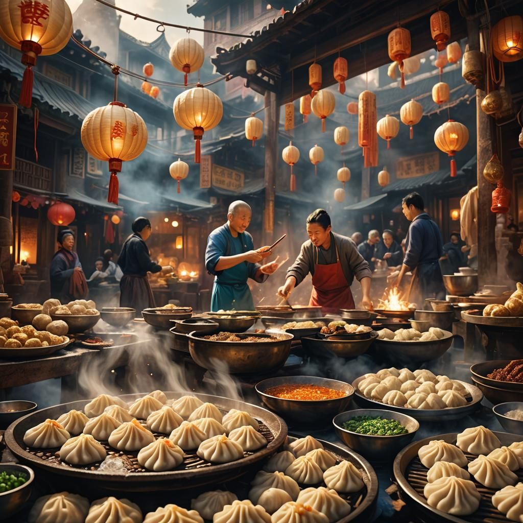 Mystical Dumplings in Vibrant Fantasy Market