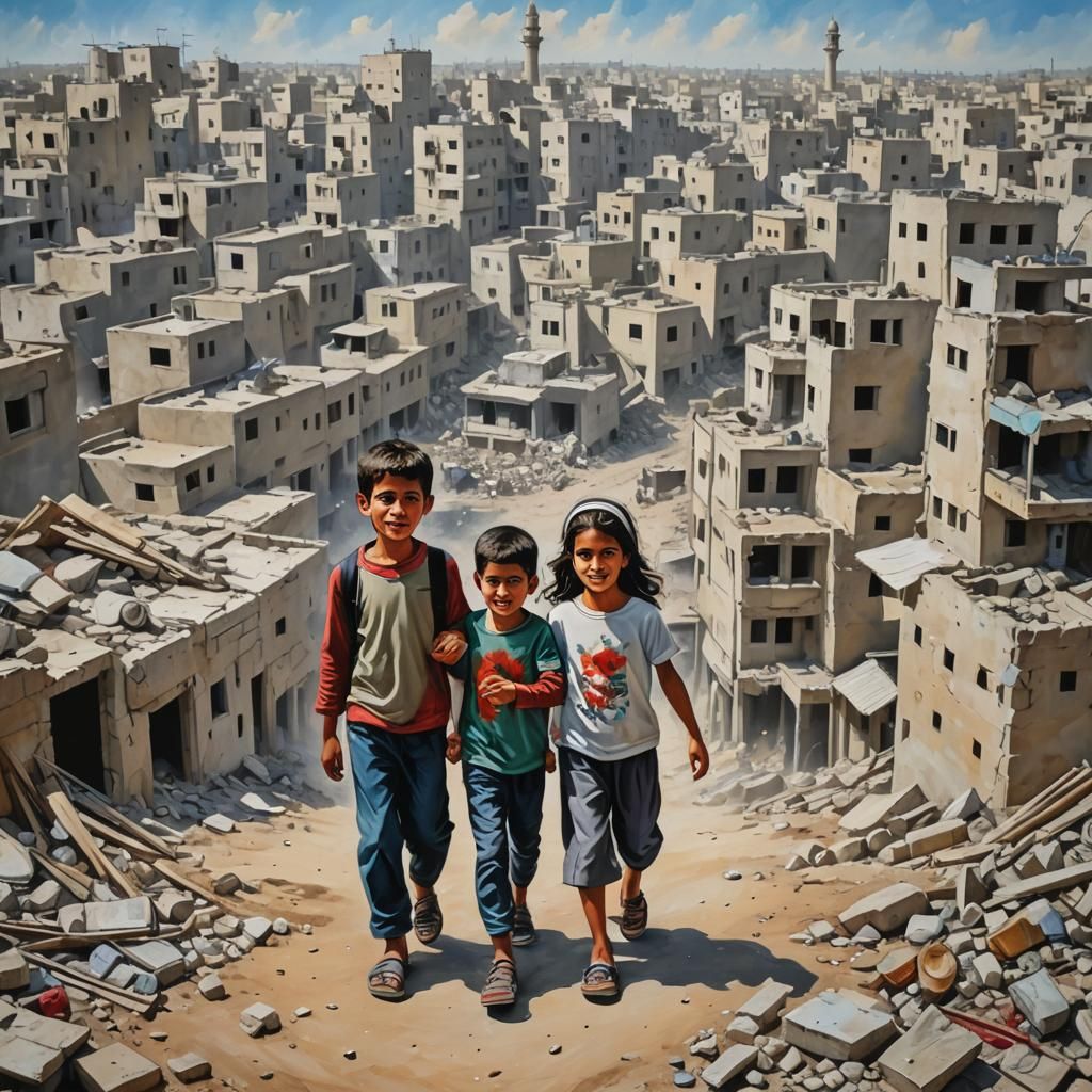 Serene Painting of Siblings in Gaza City