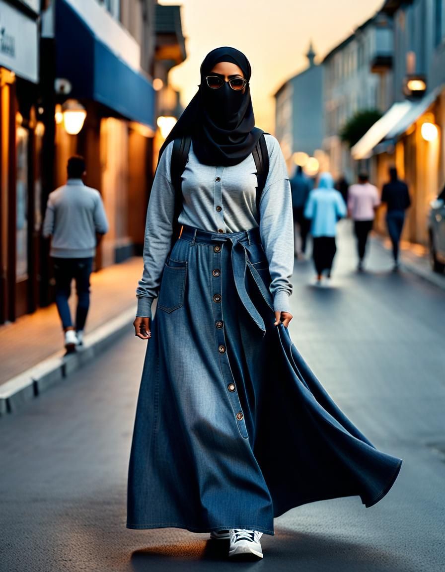 Niqabi Woman in City at Dusk: Photorealistic Portrait