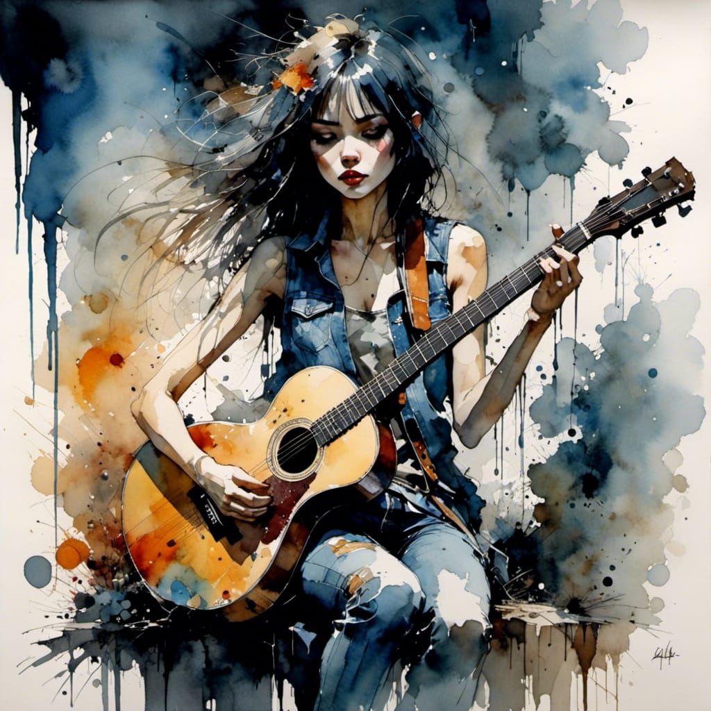 Girl with Guitar in Surreal Watercolor Style