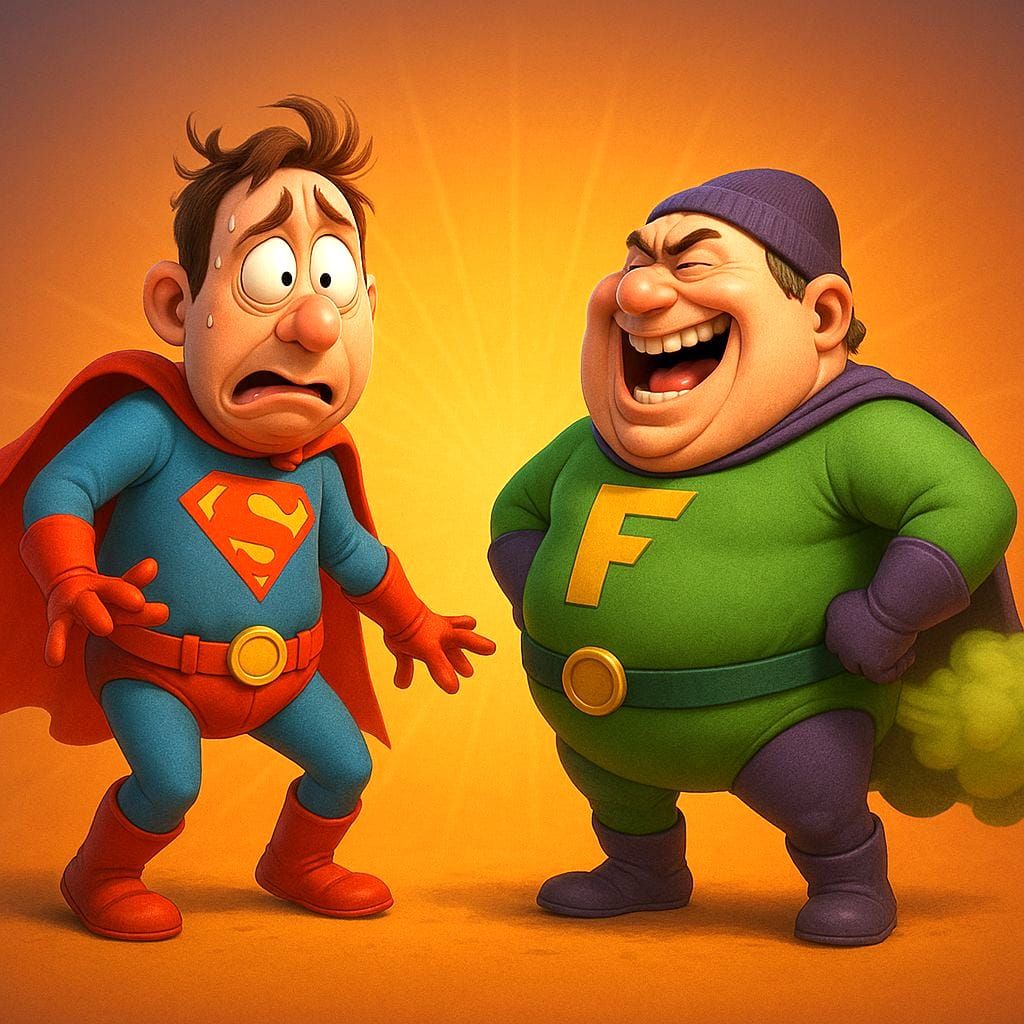 Clumsy Superhero vs. Fartman: 3D Digital Art