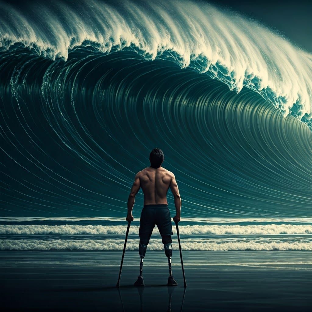 Determined Man Confronts Tidal Wave: Cinematic Still