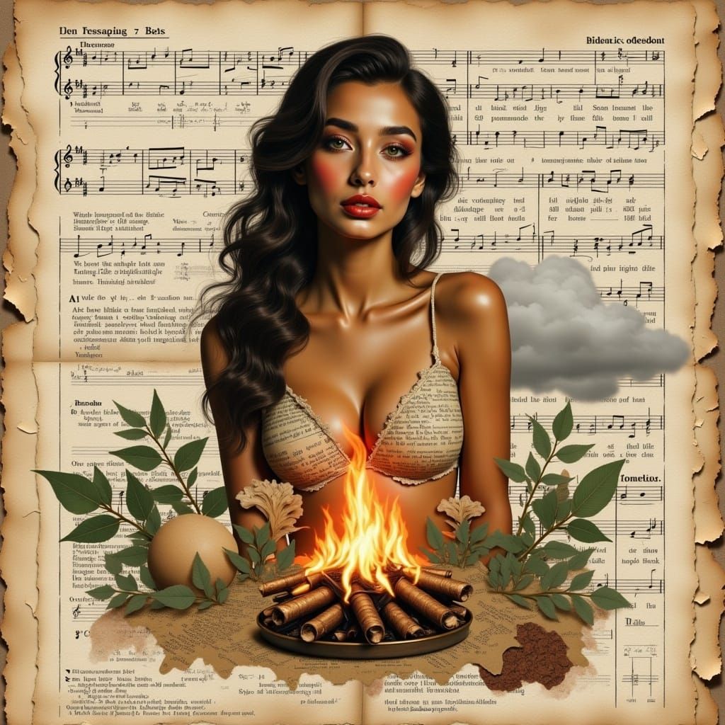 Mixed Media Woman in Cozy Room with Fire