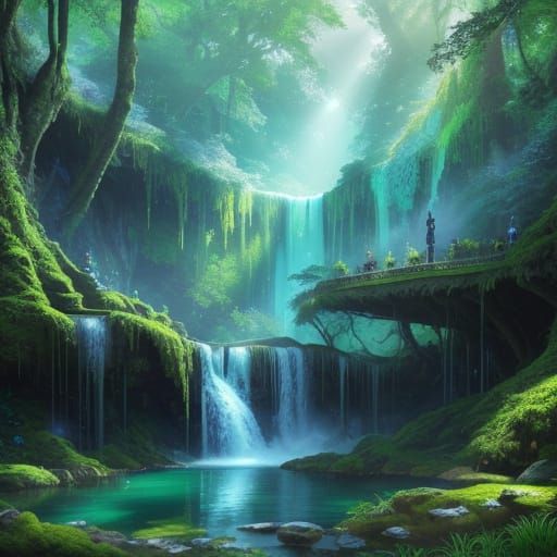 Majestic Waterfall in Lush Fantasy Forest